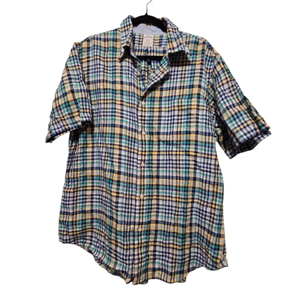 Brooks Brothers 100% Linen Regent 1818 Shirt Mens XL Blue Short Sleeve Casual